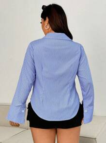 Sweetra Plus Size Blue Vertical Striped Blouse For Women, Slim Fit Collared Shirt Tops Fall Cloth For Women - Blue and White - View 2