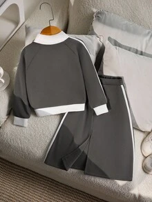 SHEIN Bộ áo khoác thể thao thường ngày phối màu tương phản dành cho bé gái, thích hợp cho hoạt động ngoài trời và đi học. - Xám - Xem 2