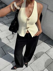 Chiquease Parte superior elegante y sexy de tweed color albaricoque con cuello halter y espalda descubierta, para usar de vacaciones, estilosa y elegante, para salir, usar en Ibiza, conciertos, estilo bohemio, oficinas, con botones metálicos asimétricos y aberturas delgadas, estilo de dinero viejo, para otoño - Albaricoque - Ver 5