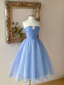 Lovelzi 优雅浪漫的蓝色欧根纱褶皱钢圈收腰喇叭长裙，适合生日派对、约会、婚礼、晚会、舞会礼服 - 藍色 - 查看 5