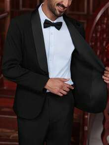 Manfinity Bizformal Conjunto de traje de hombre, con hombros bordados, vestimenta formal de negocios, adecuado para banquetes, negocios, regalo para esposo, novio. Conjunto de traje negro para hombre, chaqueta de boda para hombre, blazer de hombre, traje de hombre con bordado, traje de boda para hombre