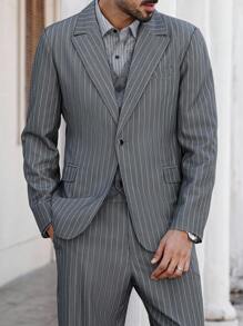 Manfinity Bizformal 2 件套休闲条纹长袖上衣和裤子套装，时尚都市装 - 灰色 - 查看 4