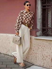 Ontre 2025 新款都市时尚风格，简约舒适雪纺面料格子印花衬衫，长袖宽松女式衬衫上衣，秋季穿着，返校，商务休闲，通勤现代都市休闲时尚商务办公装低调老款风格城市通勤机场 - 棕色 - 查看 8