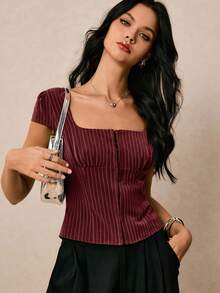 Poéselle 女式上衣 条纹上衣 短袖衬衫 女式衬衫 短款上衣 女式夏季休闲条纹修身上衣 上衣 乡村音乐会 音乐会 女式生日 街头服饰 节日 - 紅色 - 查看 2