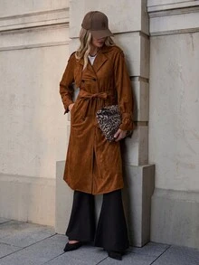 Solivie 女式秋季翻领长袖绒面革优雅风衣 - 卡其色 - 查看 5