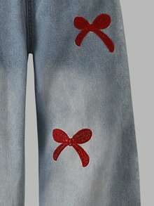 Sparklyn 女孩秋冬两件套，酒红色可爱蝴蝶结印花长袖 T 恤 + 刺绣蝴蝶结牛仔裤休闲装，适合日常、旅行、度假、万圣节 - 酒紅色 - 查看 8