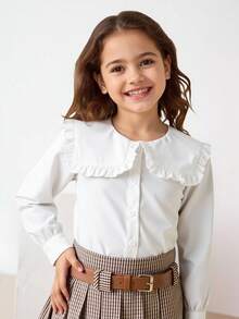 Maija Kids Maija Kids 白色休闲女童衬衫，常规版型，彼得潘领设计。女童白色衬衫，女童长袖衬衫，少女白色衬衫，女童荷叶边领衬衫，女童翻领衬衫，白色荷叶边领衬衫，白色衬衫，白色荷叶边领衬衫，女童长袖白色衬衫，白色衬衫，白色纽扣衬衫，秋冬季 - 白色 - 查看 3