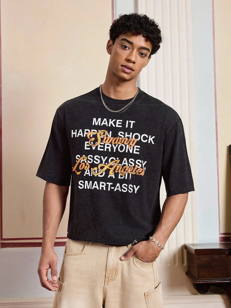 SWAVVY 男士印花圆领短袖T恤 - 黑色 - 查看 1