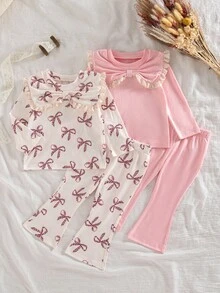 SHEIN 4 件套女婴秋季新款服装，包括蝴蝶结领荷叶边装饰长袖 T 恤和蝴蝶印花喇叭裤，纯粉色，休闲时尚，适合居家、外出、通勤 - 彩色 - 查看 3