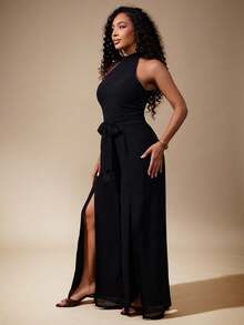 Vixey 露背双开衩半透明雪纺阔腿连体裤，配有系带腰带 - 黑色 - 查看 3