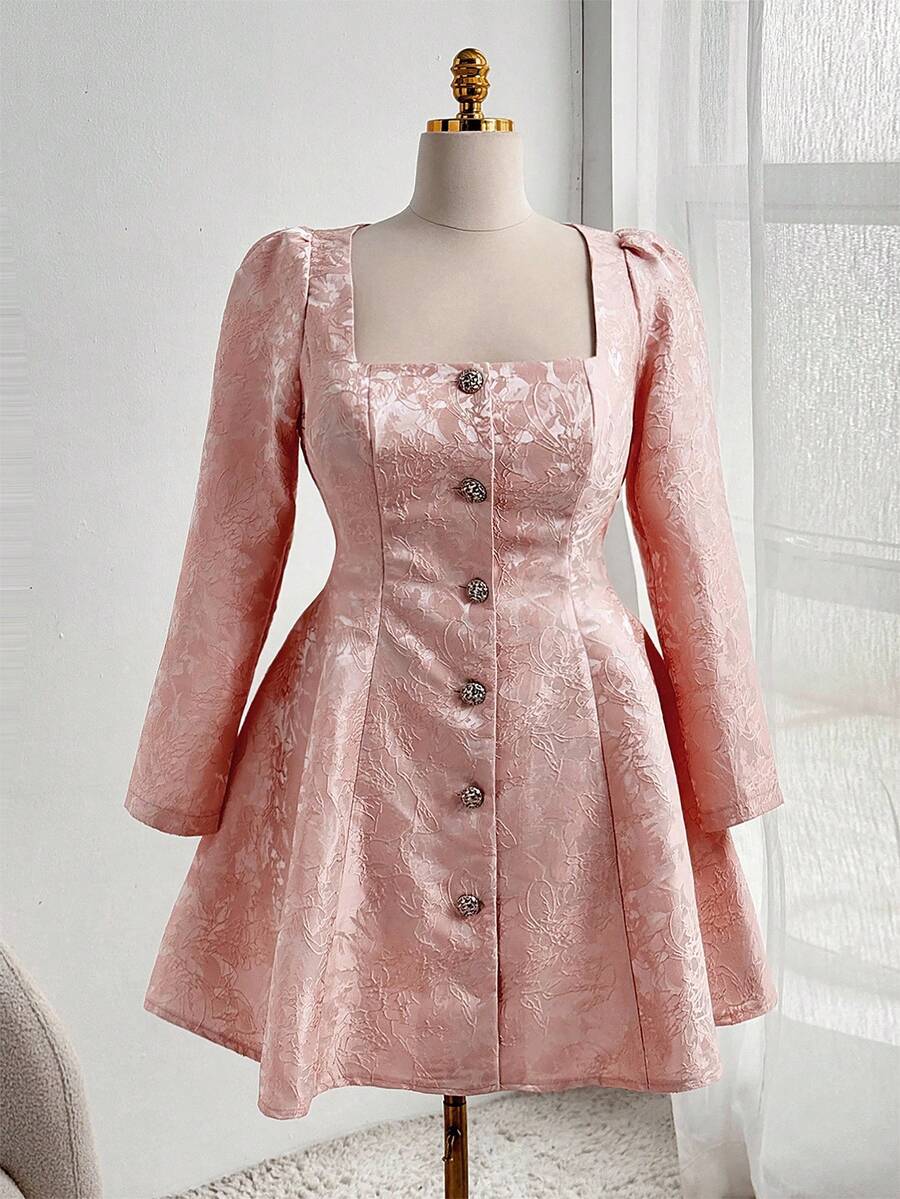 Flirla Vestido de talla grande con cuello cuadrado elegante, estampado jacquard y botones delanteros - Rosa vieja - Ver 1
