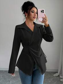 Elenzga 女式纯色长袖褶皱不对称下摆优雅办公室衬衫 - 黑色 - 查看 5