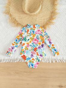 SHEIN Young Girl Ribbed Floral Print Long Sleeve Zipper One Piece Rash Guard Swimsuit, Mommy And Me Matching Outfits (3 Pieces Sold Separately) - Multicolor - View 2