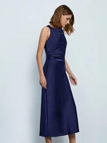 Maija 女士优雅无袖长款荷叶边领褶皱连衣裙，商务休闲，秋季 - 藍色 - 查看 2