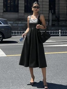 DAZY 女式纯色修身 PU 无袖连衣裙，腰部收紧伞裙，优雅街头风格中长连衣裙，适合秋冬季 - 黑色 - 查看 4