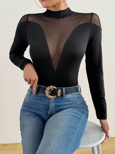RosyDaze Fashionable Sexy Deep V-Neck Sheer Bodysuit For Women Fall Cloth For Women