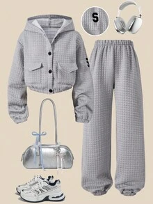 SHEIN Explorewe 2pcs Tween Girls Casual Button Hoodie Jacket & Pants Set Fall Winter - Multicolor - View 4