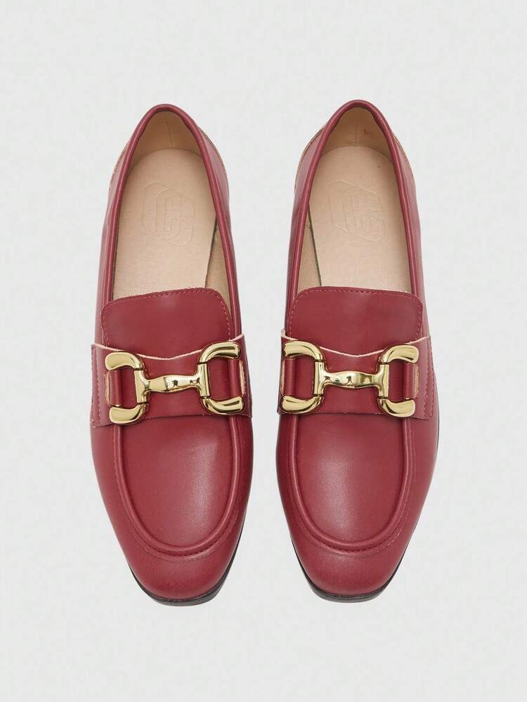CUCCOO BIZCHIC Square Toe Flat Wine Red Fashionable Bit Buckle Retro Comfortable Simple Commute Women Loafer Shoes