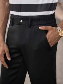 HIMLAND Men's Casual Tapered Trousers With Zipper Back Pockets, Solid Color - Black - View 6