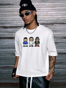 AXEPEAK 男士休闲卡通印花短袖T恤，夏季 - 白色 - 查看 1