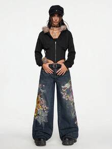 ROMWE Grunge Punk Spring Carnival Casual Unisex Retro Street-Style Chinese Tiger & Floral Embroidery Loose Wide-Leg Low Waist Jeans - Blue - View 5