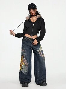 ROMWE Grunge Punk Spring Carnival Casual Unisex Retro Street-Style Chinese Tiger & Floral Embroidery Loose Wide-Leg Low Waist Jeans - Blue - View 7