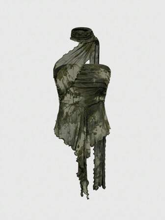 Grunge Punk Top bandeau con estampado floreado, con detalle de volante lateral y bufanda desmontable de malla, estilo retro Y2K sexy