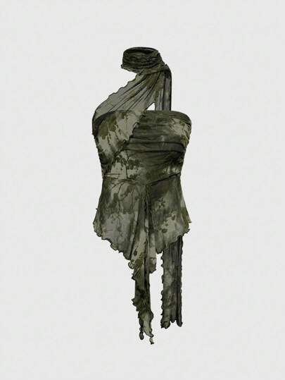 Grunge Punk Y2K Retro Sexy seitlich geraffter abnehmbarer Mesh-Schal Frauen beflocktes Bandeau-Top