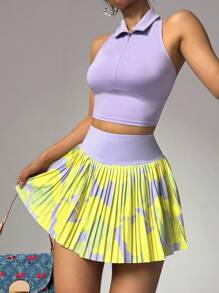 Sovereign Charm Minimalist Fashionable Color Block High Waist Pleated Sports Skort Tennis Skirts Pleated Skorts - Multicolor - View 7