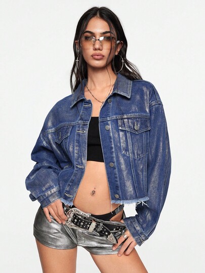 Grunge Punk Chaqueta vaquera de mujer de ajuste holgado con lámina de plata, de manga larga y de un solo pecho, para otoño