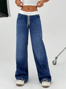 CasuGlow 100%纯棉女式短裙，年轻款低腰阔腿宽松牛仔裤 - 深色水洗藍 - 查看 4