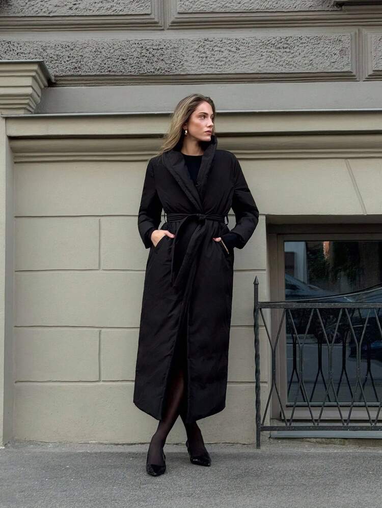 WOMEN SOLID BELTED LONGLINE WINTER COAT