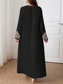 SHEIN Najma 大码女式优雅阿拉伯风格花卉砖纹V领长袖连衣裙，春夏 - 彩色 - 查看 2