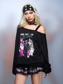 Black Jack X ROMWE Women's Casual Portrait Pattern Oblique Shoulder Loose Sweatshirt, Autumn - Black - View 5