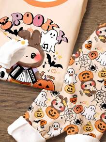 SHEIN Cremefarbenes helles Apricot, süßes und lustiges Cartoon Halloween Kürbis, Geist, Spinnennetz, Fledermaus, Totenkopf, Tiermuster Baby Mädchen Lässig Minimalistisch Weich Bequem Rundhals Langarm T-Shirt und Leggings Thermisch gefütterte dicke Pyjamas, geeignet für Herbst/Winter - Verschiedenfarbig - Übersicht 4
