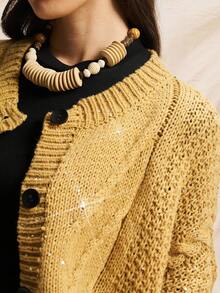 Easelle Áo cardigan dệt kim tay dài dáng suông vai thả họa tiết xoắn cáp, cài cúc đơn, kiểu dáng cao bồi đính sequin, màu vàng mù tạt, thích hợp cho nữ mùa thu đông. - Màu Mù tạt vàng - Xem 6
