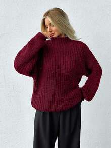 EURMUSE 女士厚纱高领休闲风格常规版型冬季保暖毛衣 - 酒紅色 - 查看 5