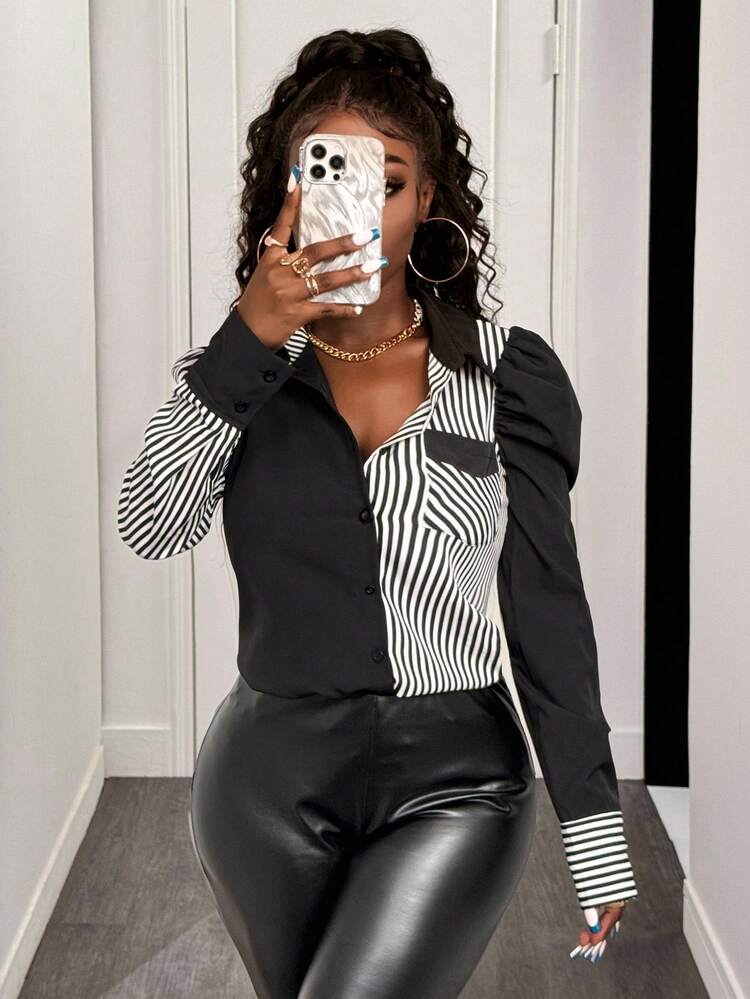 BamGleam Women's Solid Color Stripe Patchwork Button Long Sleeve Blouse Women Shirt - Black - View 4