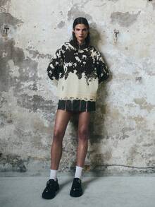 TypaGal The Distressed Knit Sweater Blends Goth And Alternative Style Into Fall Clothes, Winter Wear, And Halloween Costumes. Its Rugged Pattern Gives Character To Autumn Looks And Casual Layering. - Coffee Brown - View 2