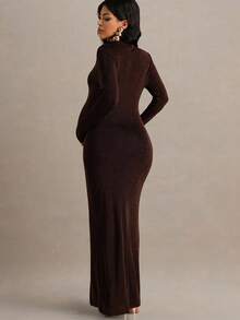 MaterniChic Đầm suông dáng suông cổ đứng tay dài màu trơn cho bà bầu - màu nâu - Xem 2