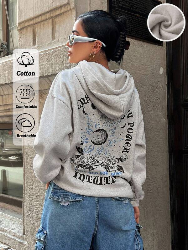 EURMUSE Cotton Sun & Slogan Graphic Drop Shoulder Drawstring Hoodie