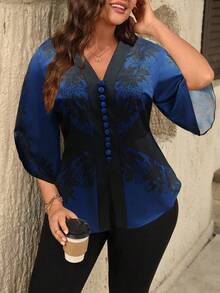 SHEIN Tall 大码女式V领装饰纽扣腰部修身图案3/4袖不对称优雅衬衫 - 藏蓝色 - 查看 3