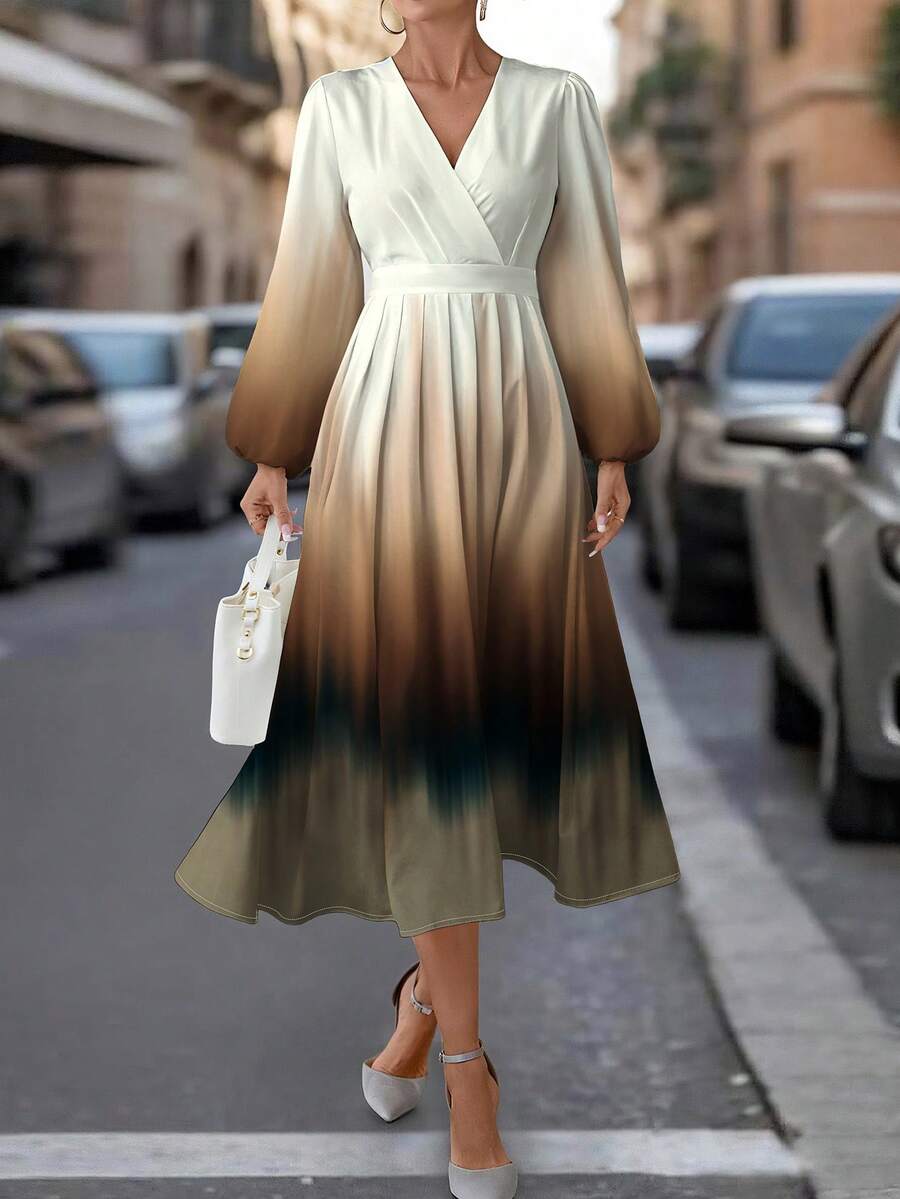SHEIN Clasi V领长袖女士长裙,适合秋冬季 - 彩色 - 查看 1