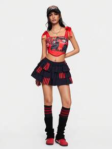 ROMWE Street Life 机车风多层褶皱裙，带有红色条纹装饰 - 黑色 - 查看 7