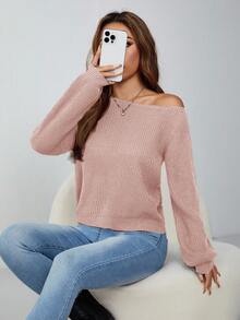 SHEIN PETITE 斜肩露肩針織套頭毛衣 不對稱領口長袖上衣 秋冬款 小碼女款 - 藕粉色 - 查看 7