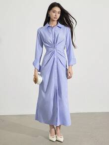 Heiryn Robe chemise à manches longues, épaules régulières, rayée, avec torsade devant pour femmes