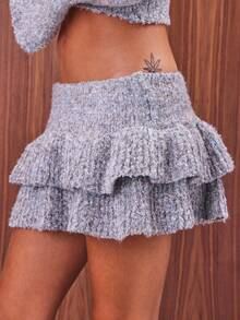 COUREZ 荷叶边针织迷你裙 / Y2K 出门穿搭 秋季女装 秋装 可爱冬装 - 灰色 - 查看 2