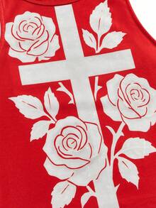 Y2Kool BiGraphic Red, Cross, Floral, Rose, Glitter Effect, Halloween, Goth, Streetwear, Y2K, Fitted Casual Tank Top For Women, Suitable For Summer, Autumn, Vacation, Gathering, Party, Daily Wear Red Tank Top Rose Tank Top Cross Tank Top Red And White Tank Top Floral Tank Top Sexy Top