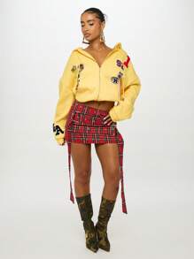SUMWON WOMEN Holiday Festival Plaid Mini Skirt Studded Tartan Check Pattern Belt Detail High Rise Grommet Winter Party Club Short Skater Skirt - Multicolor - View 7