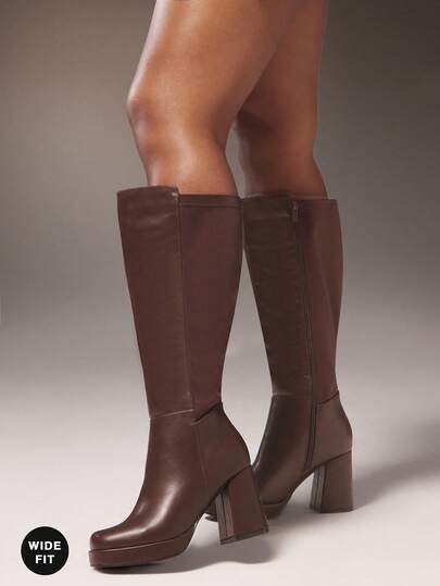 SHUZIA Women's Stylish & Comfortable Wide Calf Block Heel Knee-High Boots For Christmas Valentine's Day Wide Fit